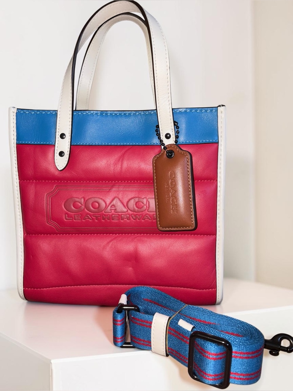 NWT Coach Field Tote 22 with Colorblock Pillow Quilting in Red, Blue, cream